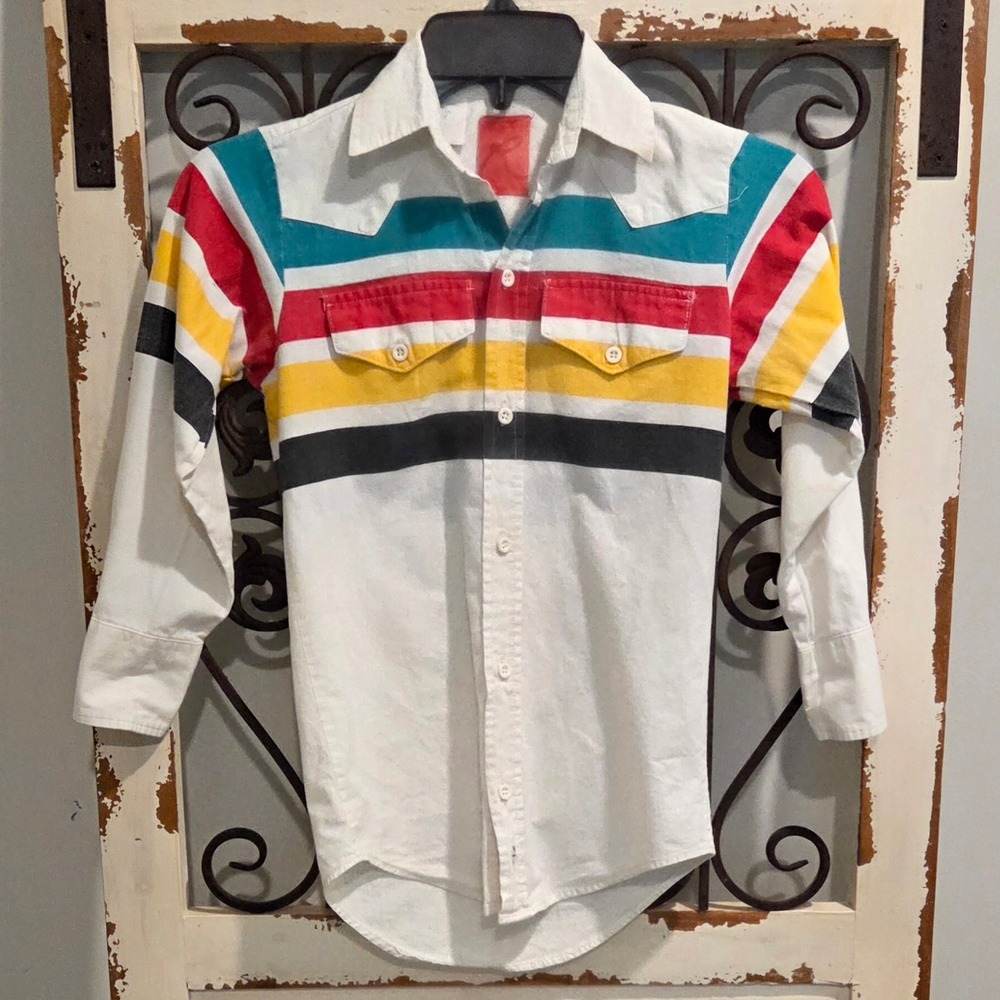 Vintage Roper Boys Western Shirt Multi Color Stripe Button Down Size 8 USA Made